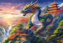 AI Generated Illustration Of A Majestic Dragon With A Lengthy Tail, Set Against A Mountain Backdrop