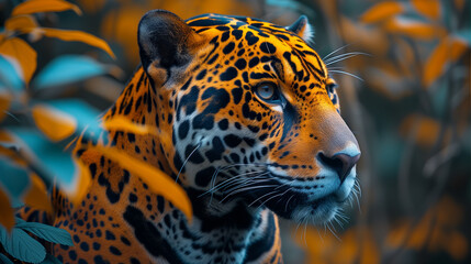 Sticker - AI generated illustration of a Close-up of a vibrant leopard face in low light