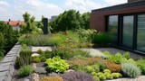 Fototapeta  - a lush green roof garden atop an urban eco-friendly house.