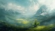 AI generated illustration of a scenic artwork with mountains and grassland