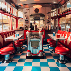 Wall Mural - Retro diner with a jukebox and checkerboard floor.