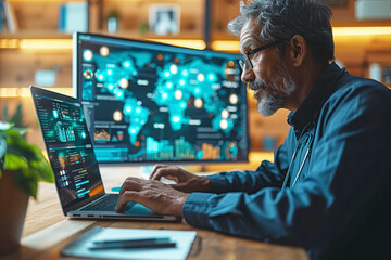 Male doctor using laptop computer with white mockup screen technology tele medicine healthcare e website ad, watching e learning medical online telehealth webinar