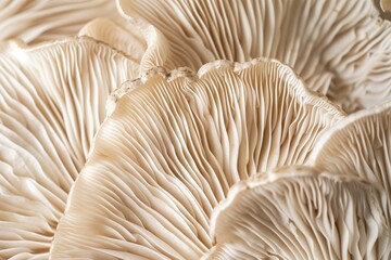 A closeup of the edge and texture of an oyster mushroom, showcasing its unique patterned edges in neutral tones. The soft cream background highlights details. Soft natural light, macro