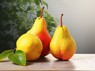 a table with three pears, two on each side and one on the side