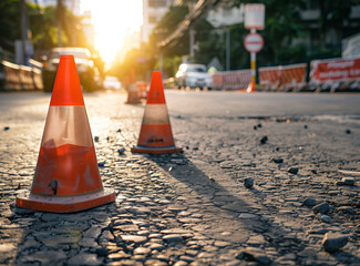 photo of traffic cones on asphalt in a parking lot, with the focus on the cone in front, taken outdoors during the day