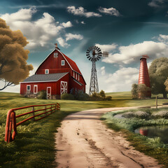 Sticker - Rustic farm with a red barn and windmill. 