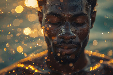 Wall Mural - young athletic black man meditates on sea shore, with aura of energy around him, natural sea background.