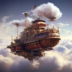 Poster - Steampunk airship soaring through the clouds.