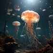 Surreal underwater scene with floating jellyfish. 