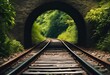 AI generated illustration of parallel train tracks inside a tunnel surrounded by lush vegetation