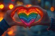 Hands holding a heart in rainbow colors.