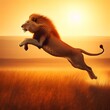 a lion leaping over a field to grab a prey from another animal