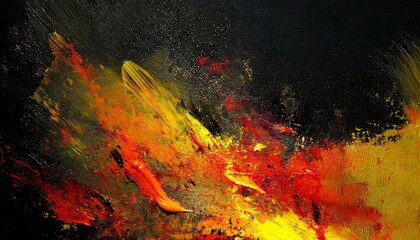 Wall Mural - Dynamic splashes of red, orange, and yellow oil paints on a black canvas, evoking the energy and chaos of fire, with the raised paint creating a palpable intensity