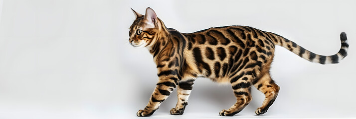 A tiger cat of the Suphalak breed is walking across a plain white background. The cats elegant movement is captured in a side view as it gracefully strides along.