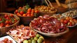 A healthy spread of Spanish Tapas, with focus on the rich textures of cured Iberico ham