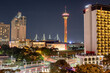 Aerial view of the illuminated buildings of the San Antonio City skyline in Downtown San Antonio Texas