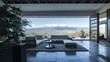an interior living room with furniture overlooking mountains and the ocean