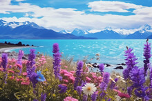 Colorful Lavender Flowers At The Shoreline With A Blue Sea And Mountains