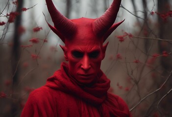 AI generated illustration of A red demon with horns in the woods