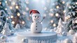 An indoor Christmas scene with a white podium and snow man. This is a 3D rendering of the scene.