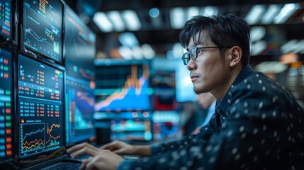 Wall Mural - Young man working on a computer surrounded by multiple screens in a tech-filled room, AI-generated.