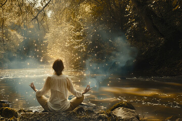 Wall Mural - young caucasian woman meditates near river, with aura of energy around, natural background.