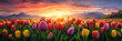 A field of colorful tulips under a sunset sky, with mountains in the background. The orange afterglow enhances the beauty of the natural landscape with lush green grass