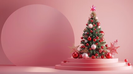 The 3D rendering shows an abstract Christmas tree with a podium for displaying products.