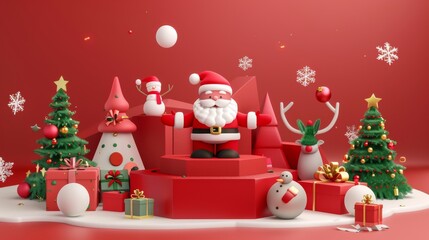 Red Christmas discount promotion poster with Santa sitting on a red hexagon podium surrounded by a Christmas tree, a snowman, presents, and reindeer.