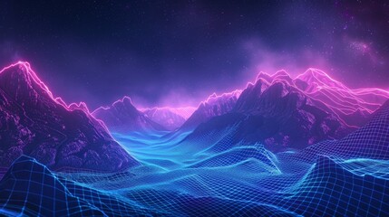 Wall Mural - A futuristic landscape background using wireframe neon lights. Digital Terrain Cyberspace in the Mountains ...
