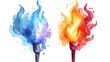 Vibrant Olympic Torches with Fiery Watercolor Flames