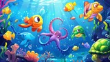 Fototapeta  - Ocean animals and fish cartoon illustration. Undersea landscape with cute octopus, turtle, fish and other aquatic creatures.