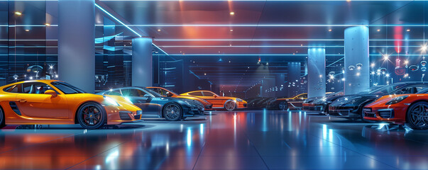 Wall Mural - New car store at night, showroom with modern cars, dealership with led lights reflections, generated ai