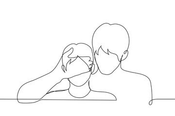 Wall Mural - Father closes eyes of teenage son - one line art vector. concept of generation of older men hiding something from the younger generation, surprise, deception, relationship