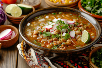 A cozy, homely setting featuring a large, steaming bowl of traditional Mexican pozole