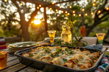 platter of enchiladas suizas, bathed in a creamy sauce and sprinkled with cheese, ready to be served.