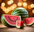 A vibrant slice of watermelon making a splash on a wet surface, illuminated by natural light with a blurred greenery backdrop.