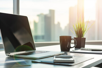 Workspace that marries the tranquility of an organized desk with the energetic backdrop of a cityscape