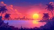 Sea sunset. Tropical landscape of ocean with sky, clouds, and water in red light. Modern cartoon summer seascape with city lights and coastline silhouette.