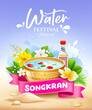 Songkran water festival thailand, summer holiday fun, poster flyer design on sand beach and purple background, Eps 10 vector illustration
