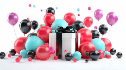 An animated Black Friday sale with a gift box over a pile of balloons on a white background.