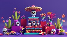 A Purple Background Is Decorated With A Sugar Skull In A Sombrero And Day Of The Dead Elements.
