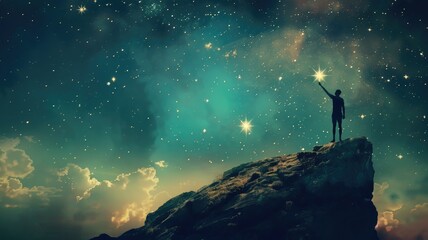 dreamscape showing a person reaching for a star, embodying their highest aspirations and dreams