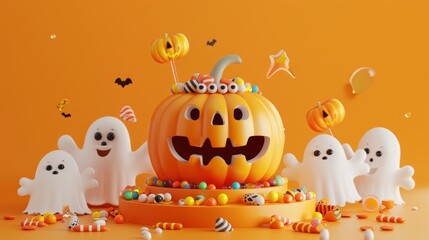 Wall Mural - An orange background surrounds a 3D Halloween pumpkin filled with candies on a podium.