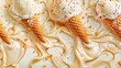 A realistic 3D modern illustration of drip ice cream melted droplets with sprinkles on a waffle cone background. Melted white sweet liquid splashes, glossy cream border with dripping droplets, molten