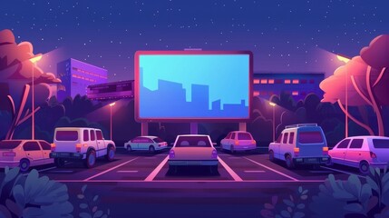 Wall Mural - An evening drive-in cinema with automobiles parked in an open-air parking lot. An outdoor screen shows a nature scene with a background of a starry sky. Cartoon modern illustration.