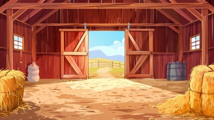 Wall Mural - A traditional countryside storehouse building cartoon modern illustration showing haystacks, sacks, forks, huge gates, and windows under the roof.