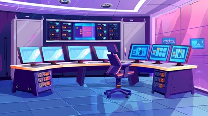 Wall Mural - In this modern cartoon interior of an information storage office there is a control panel, network hardware, and a chair. There are server racks and monitors on the desk and chair.