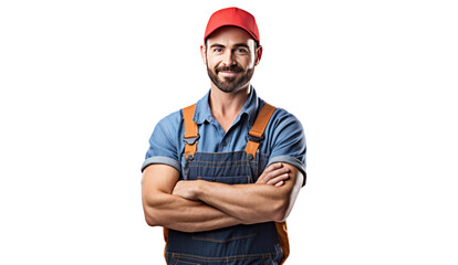 Wall Mural - Smiling young mechanic holding a wrench isolated on transparent and white background.PNG image.