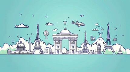 A light blue background with a line style of world attractions.